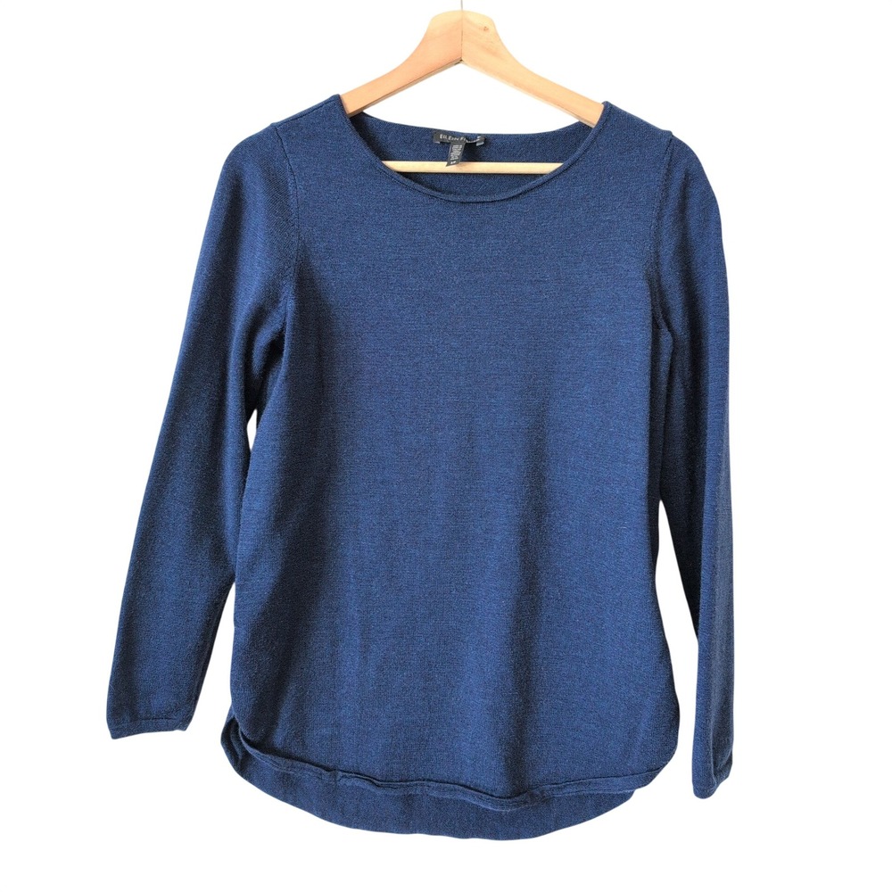 Eileen Fisher Blue Merino Wool Long Sleeve Crew Neck Pullover Sweater Top Small